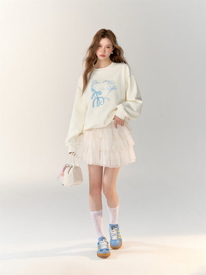 AsGony ASG24712&amp;ASG24713 Blue printed embroidered hoodie + skirt