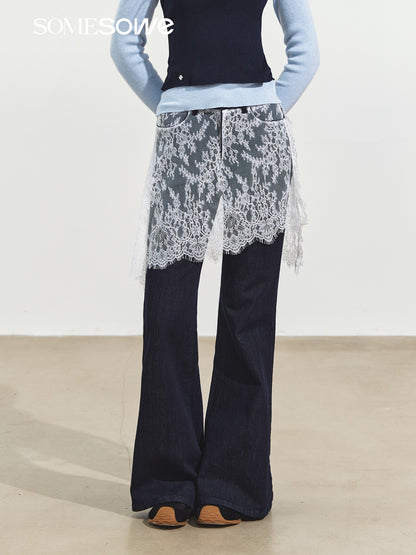 SOMESOWE S2508252 Fake two piece lace micro flared jeans