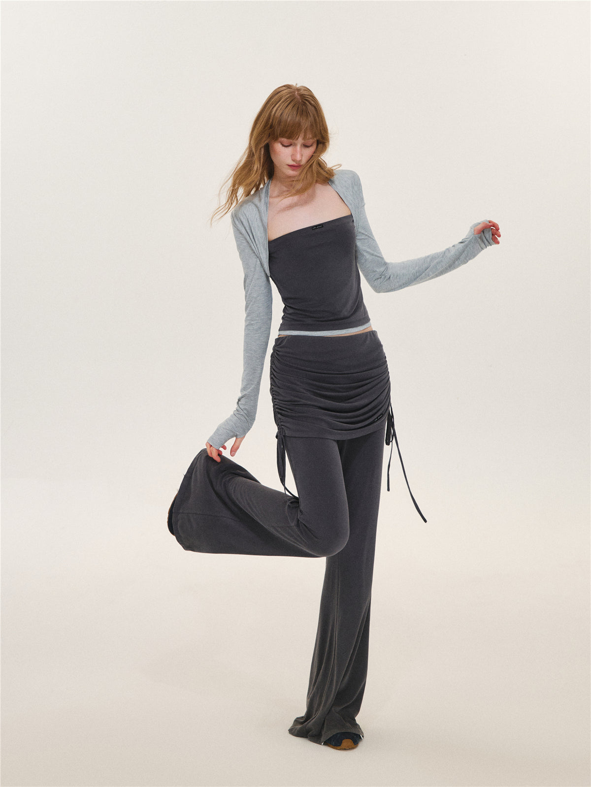 Asgony ASG26573 &amp; ASG26574 Faux Layered Long-Sleeve Top &amp; Flared Trousers with Overskirt