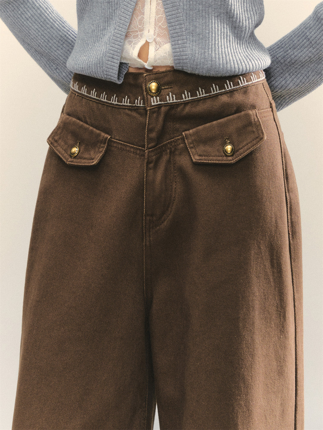 AsGony ASG25323 Cross stitch collision flower straight leg jeans