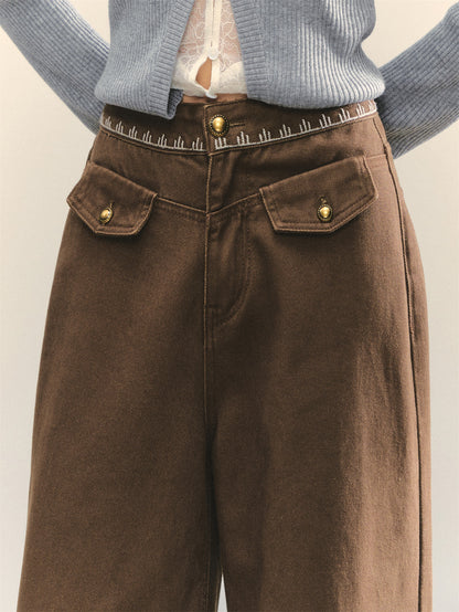 AsGony ASG25323 Cross stitch collision flower straight leg jeans