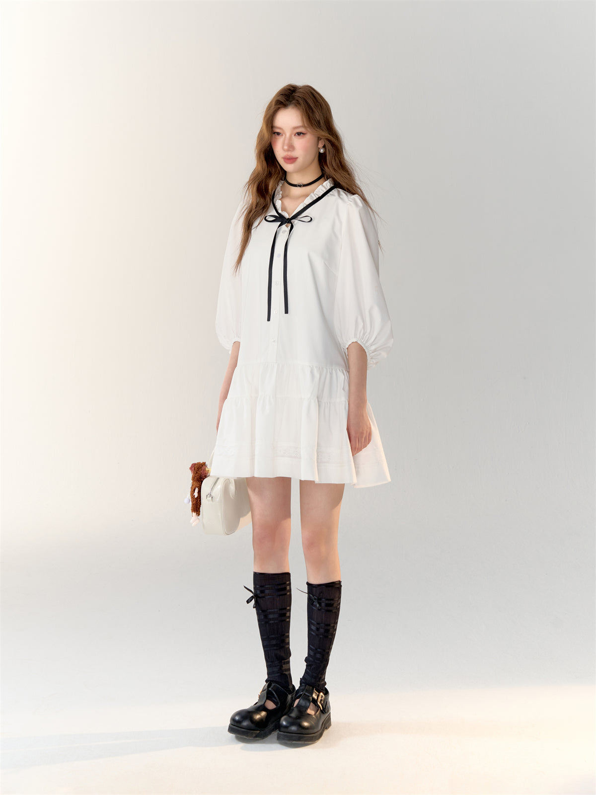 AsGony ASG24717 Bow tie shirt pleated dress