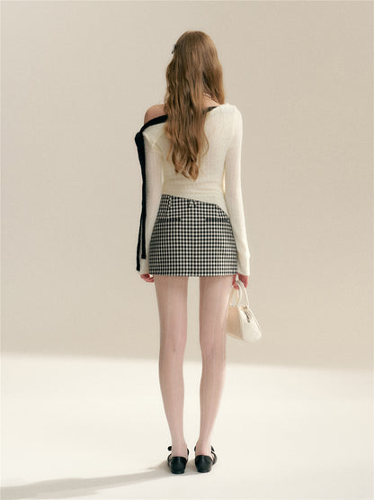 16DEWS 16D26007 Color blocking straps irregular design slim knit sweater