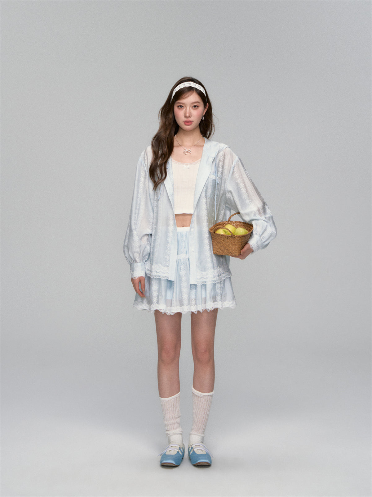AsGony ASG25118&amp;ASG25119 Floral texture patchwork lace hooded jacket + skirt set (seperate)