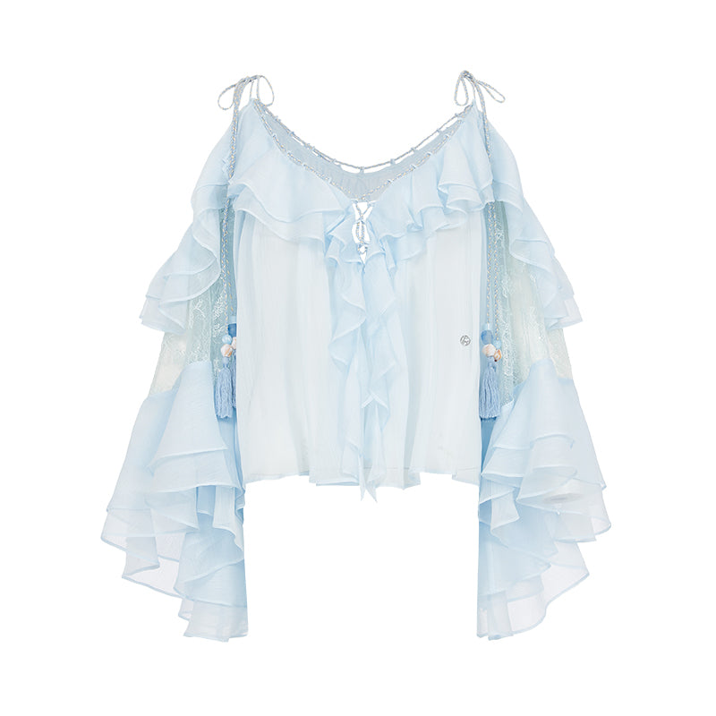 SHEERLUCK SLCY25301 Chiffon ruffled V-neck top
