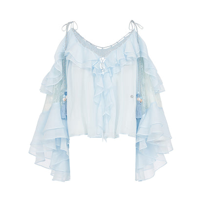 SHEERLUCK SLCY25301 Chiffon ruffled V-neck top