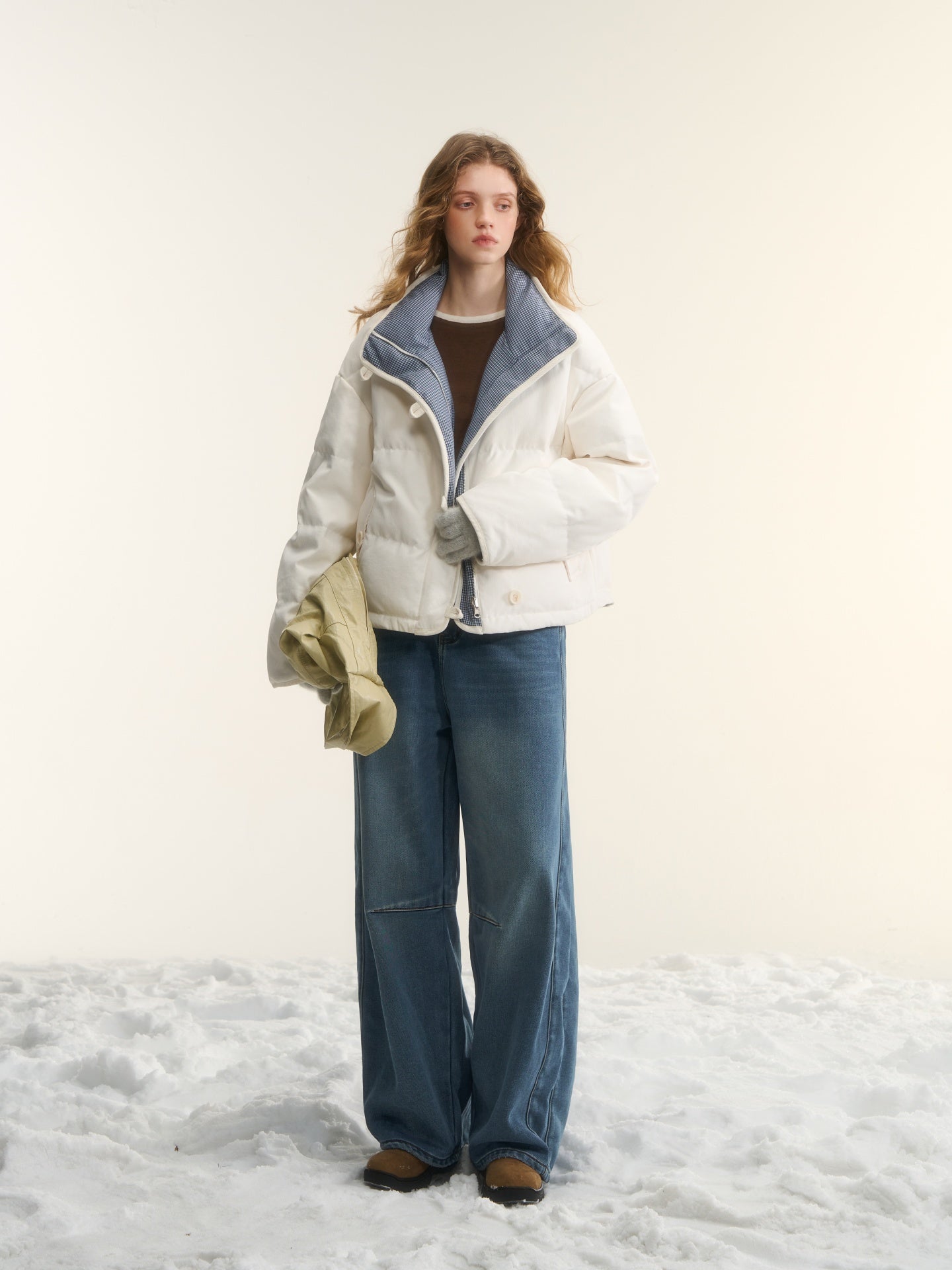 AsGony ASG25528 White duck down double-sided checkered short down jacket