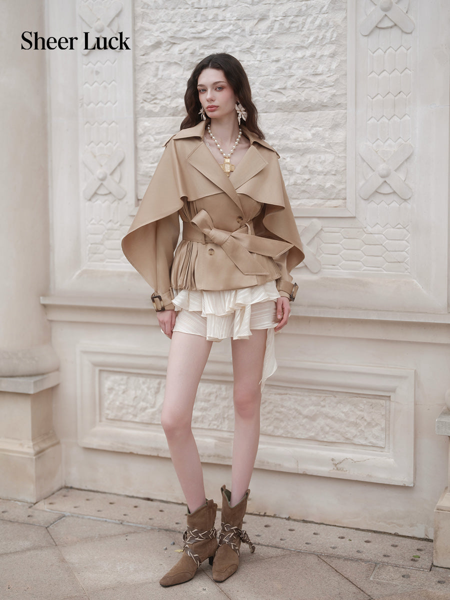 SHEERLUCK SLFY26751 Hourglass Cape  Cropped Trench Coat-Khaki