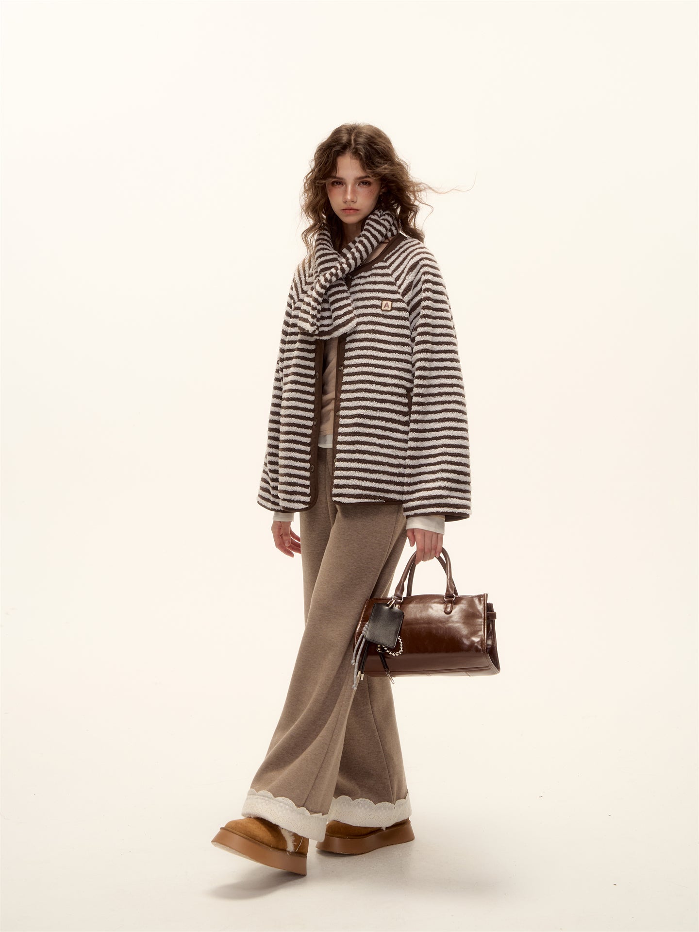 AsGony ASG25458 Double sided striped scarf lamb wool jacket