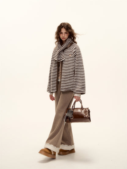 AsGony ASG25458 Double sided striped scarf lamb wool jacket