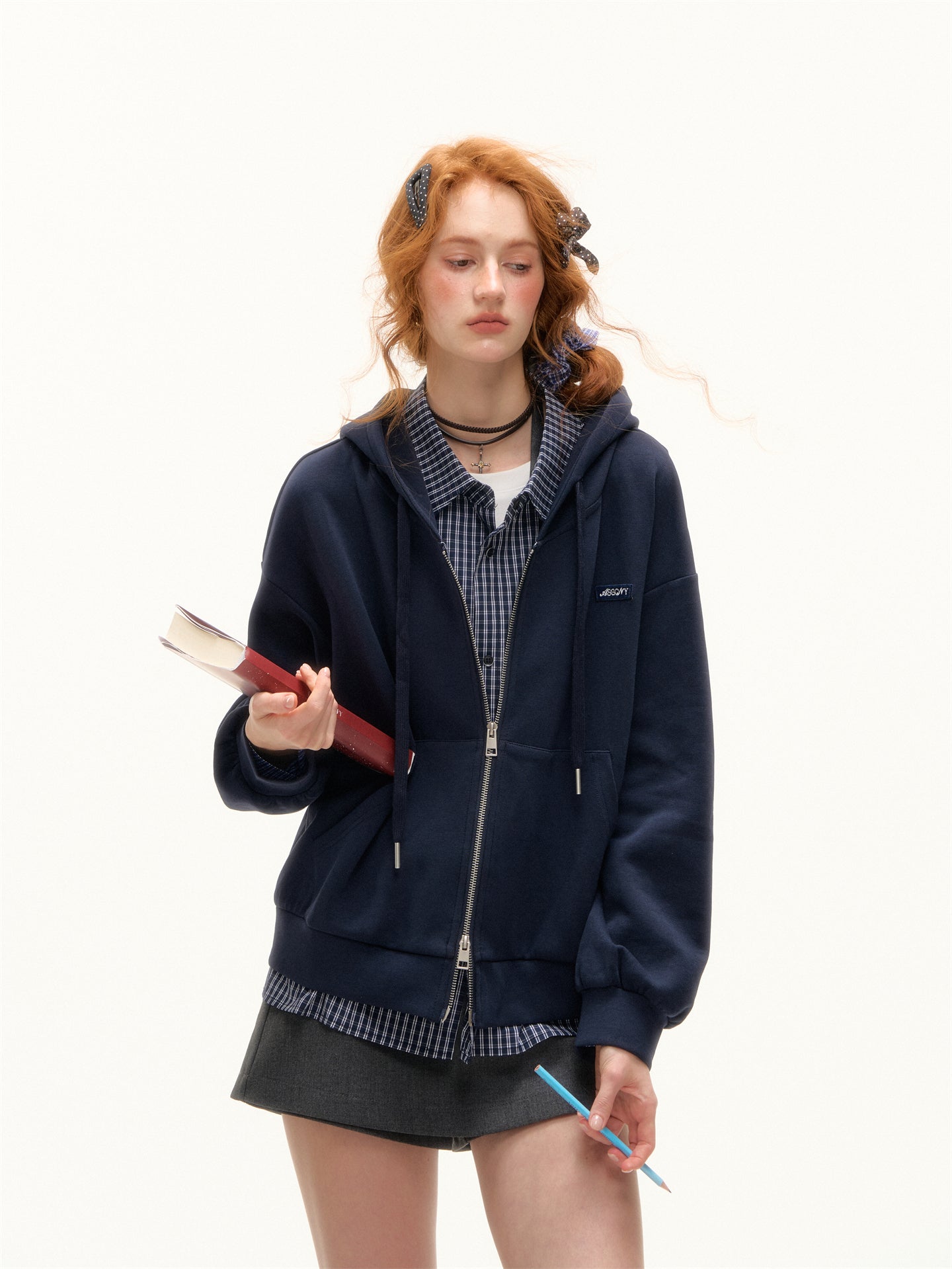 AsGony ASG25398 Fake two piece checkered patchwork hooded zipper hoodie