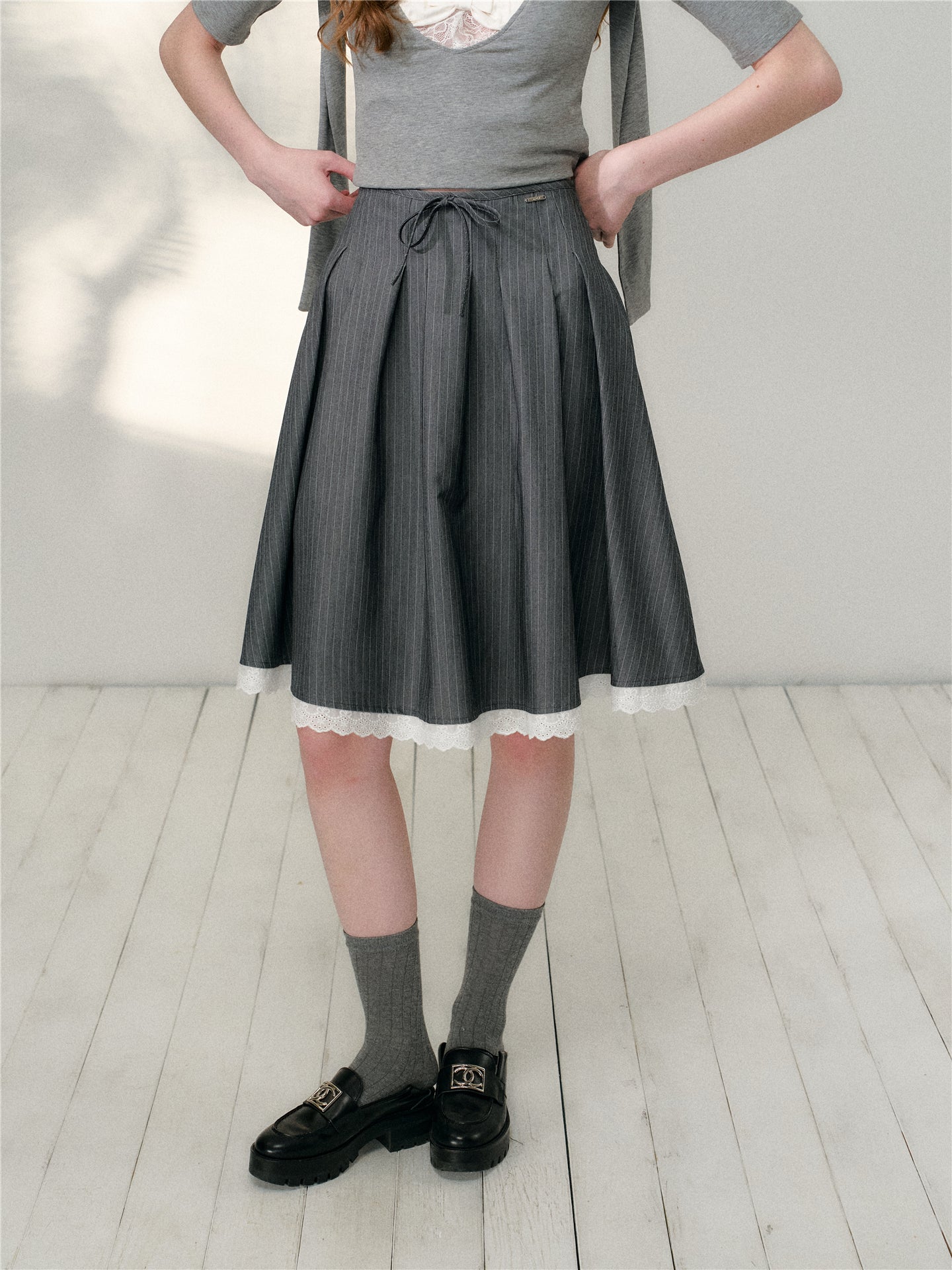 16DEWS 16D26131 Lace patchwork striped A-line large swing skirt