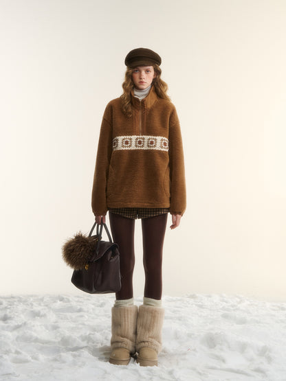 AsGony ASG25542 Crochet flower particle velvet zipper hoodie