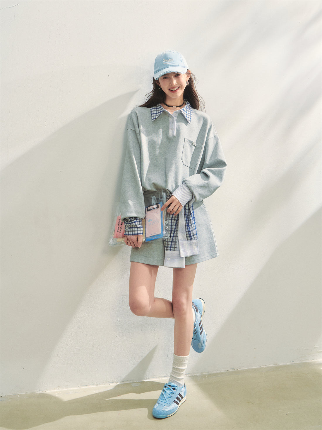 AsGony ASG25307&amp;ASG25308 Checkered shirt patchwork hoodie + skirt set