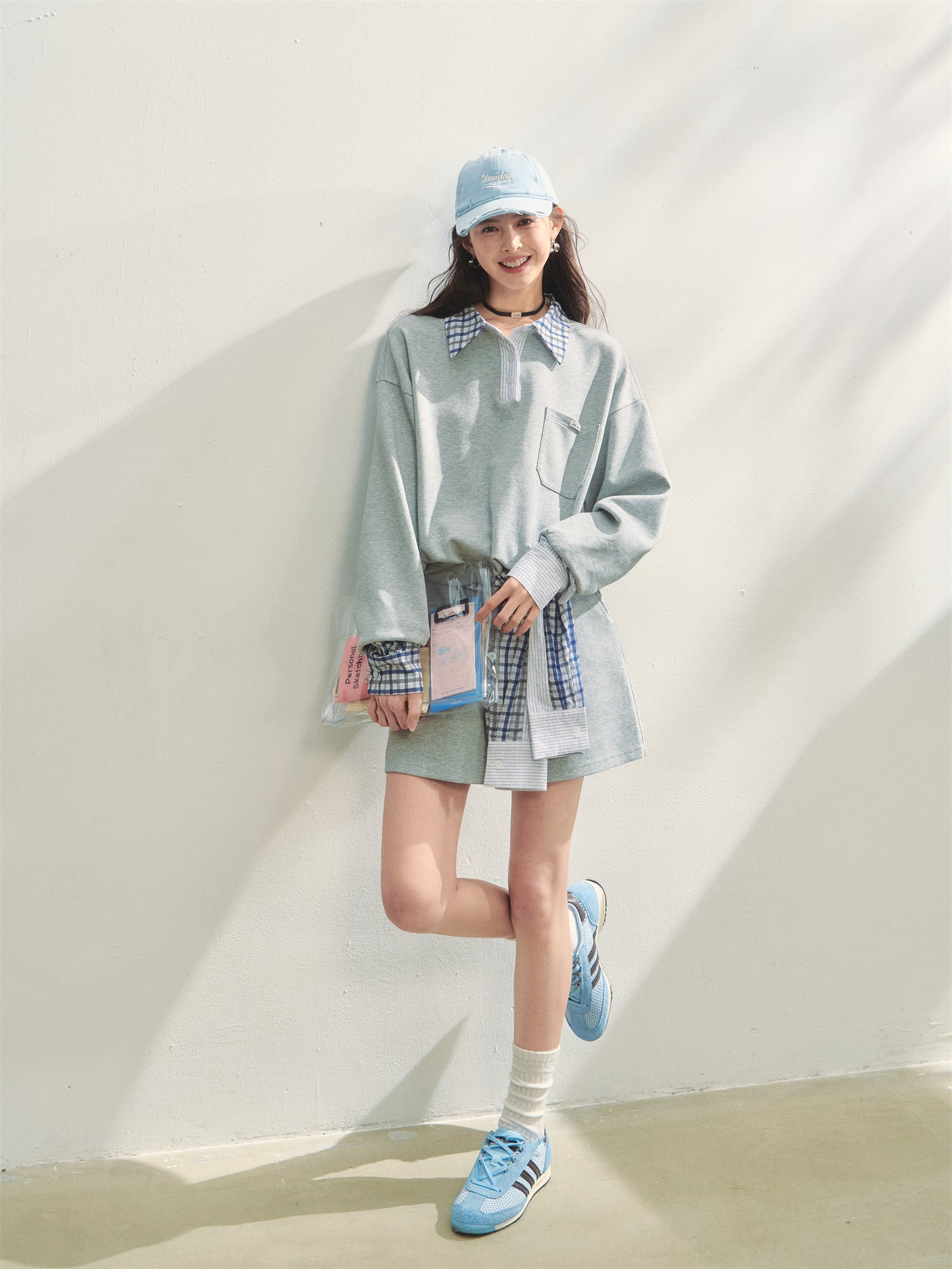 AsGony ASG25307&amp;ASG25308 Checkered shirt patchwork hoodie + skirt set