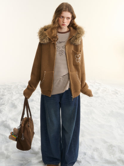 AsGony ASG25552 Detachable fur collar texture embroidered knit cardigan