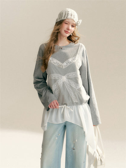 16DEWS 16D26062 Lace Splicing Fake Two Piece Irregular T-shirts