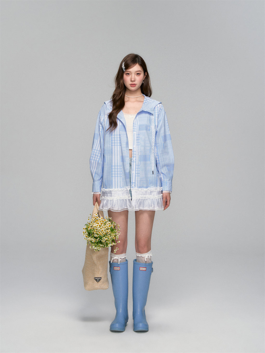 AsGony ASG25122 Plaid patchwork lace hooded shirt