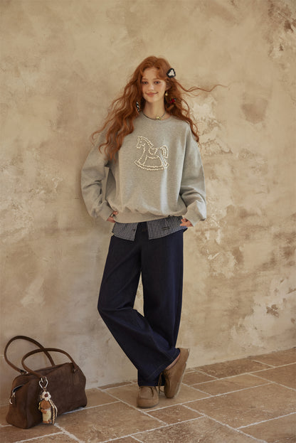 AsGony ASG25438 Knitted nail animal pattern round neck hoodie