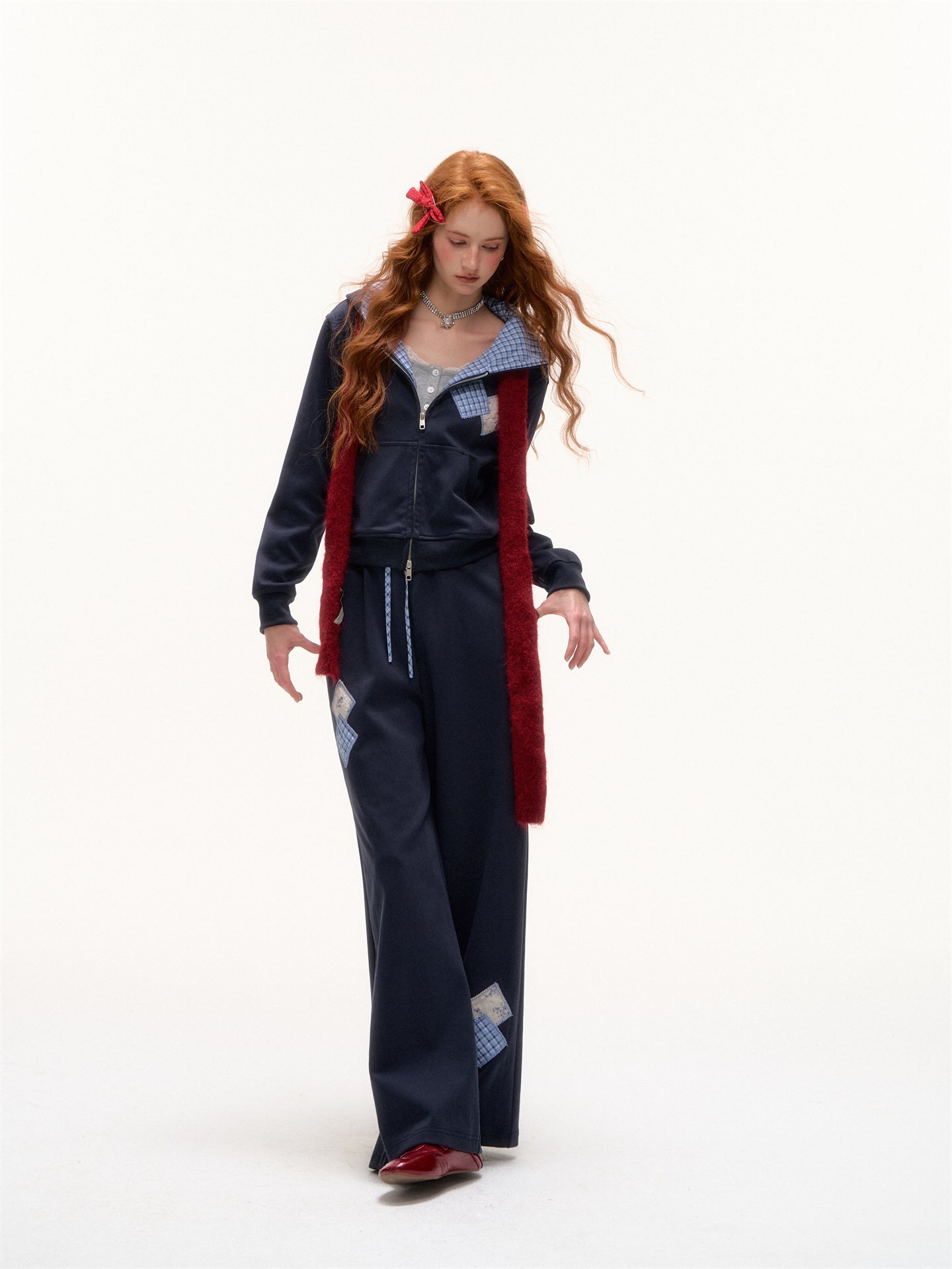 AsGony ASG25351&amp;ASG25352 Grid patchwork applique zip-up hoodie + pants set
