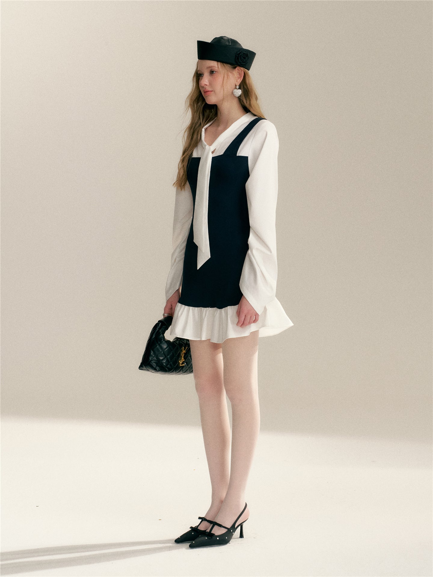 16DEWS 16D26015 Fake two V-neck lace up contrasting splicing slim fit dress