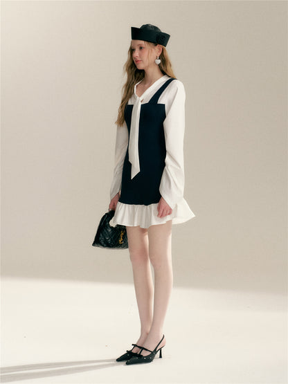 16DEWS 16D26015 Fake two V-neck lace up contrasting splicing slim fit dress