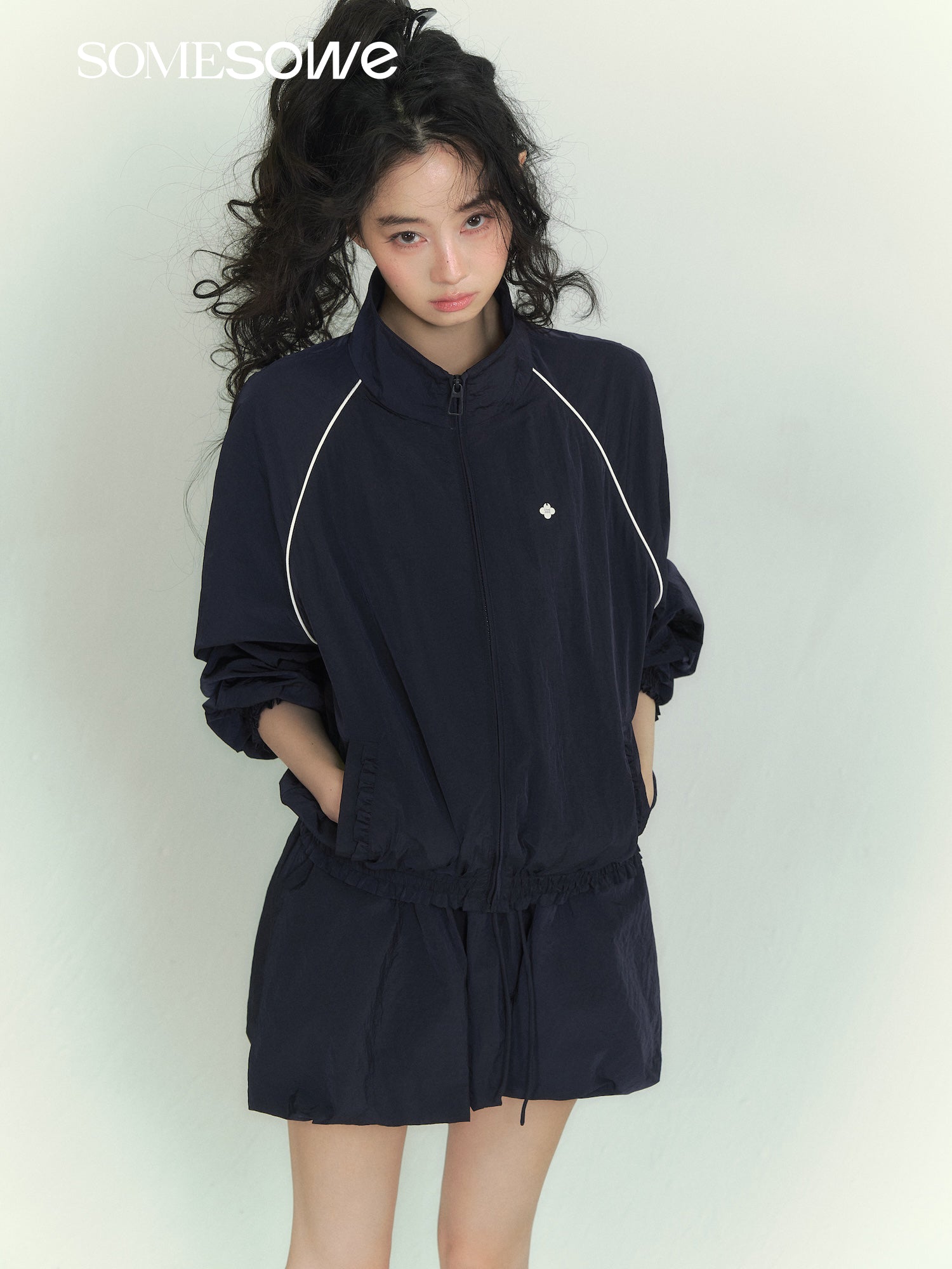 SOMESOWE S2609061&amp;S2609062 Splicing stand up collar casual jacket + floral camisole dress
