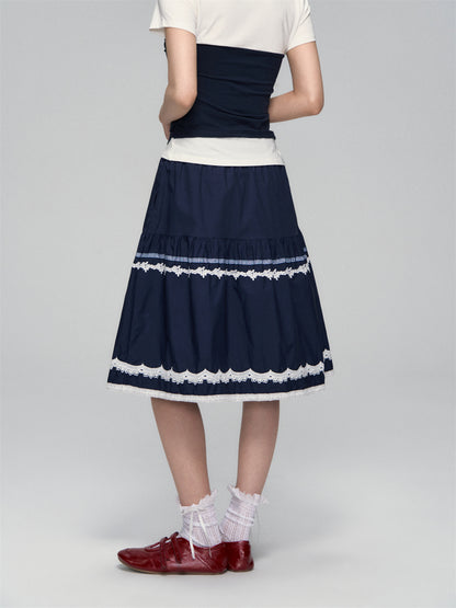 AsGony ASG25109 Elastic lace A-line skirt