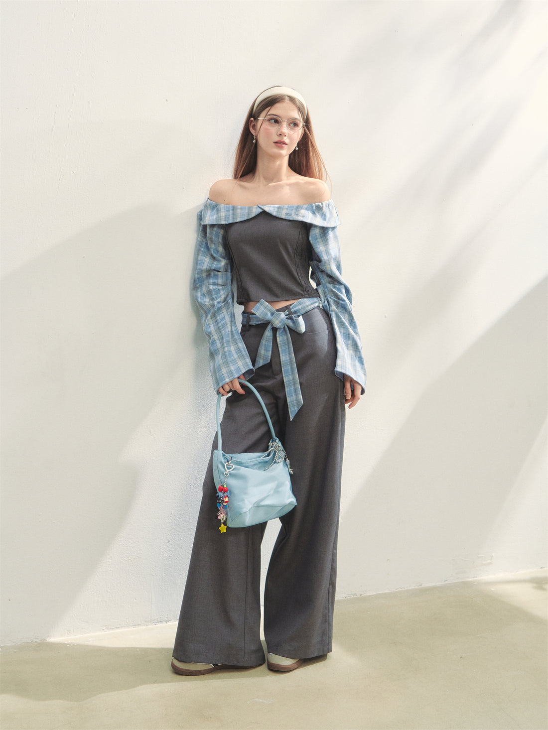 AsGony ASG25263&amp;ASG25264 Plaid patchwork off-shoulder top + pants set