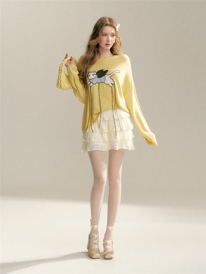 16DEWS 16D26019 Fun cat relaxed round neck pullover knit sweater