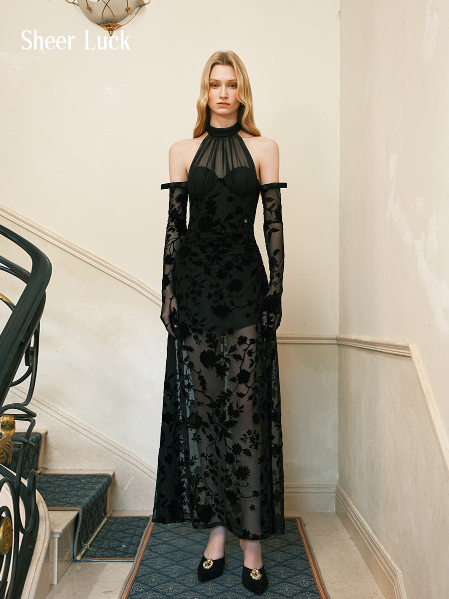 SHEERLUCK SLLYQ25406 Floral halter-neck tie dress