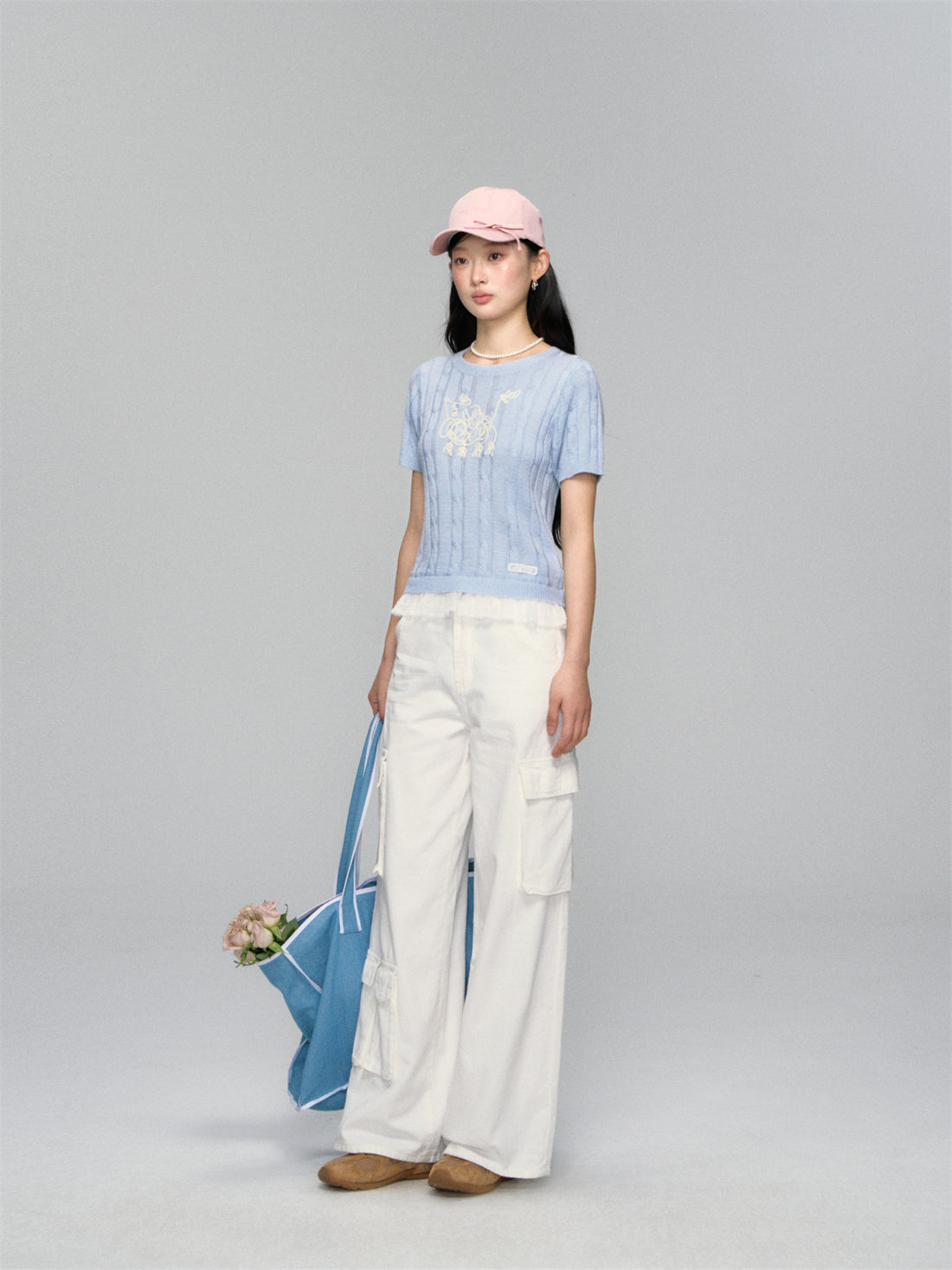 AsGony ASG25146 Puppy embroidered patchwork lace knit top (2color)