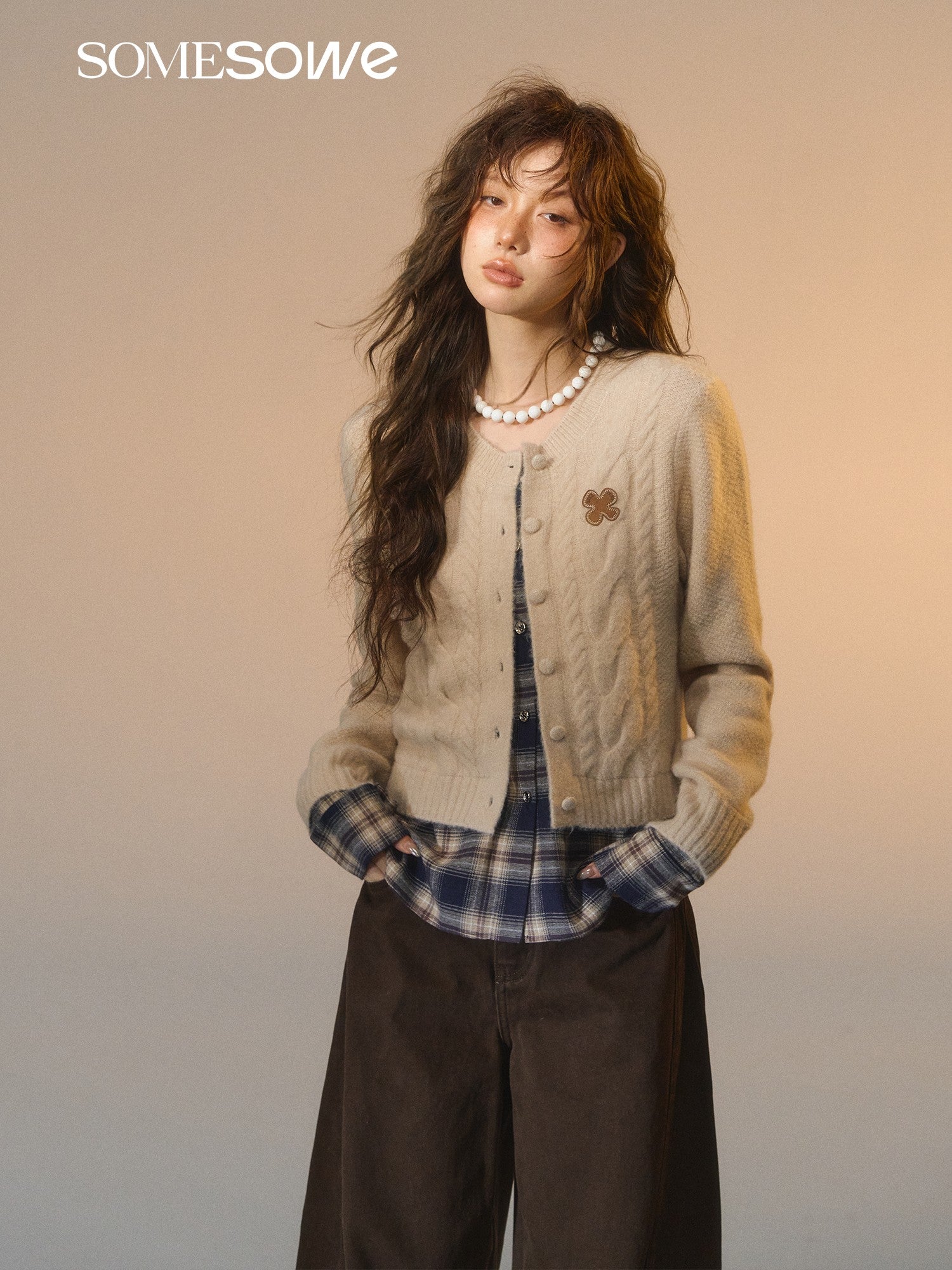 SOMESOWE S2508275 Fake two piece checkered spliced floral cardigan