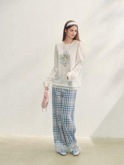 AsGony ASG25283 Plaid patchwork lace casual pants (2color)