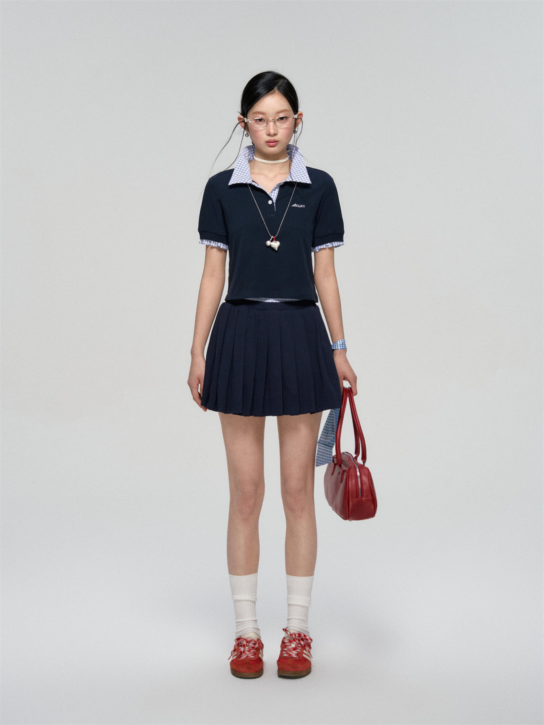 AsGony ASG25090 Embroidered plaid patchwork polo shirt