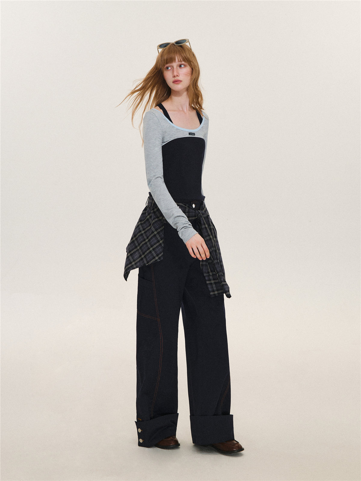 Asgony ASG26580 Relaxed-Fit Plaid Cargo Pants with Overskirt
