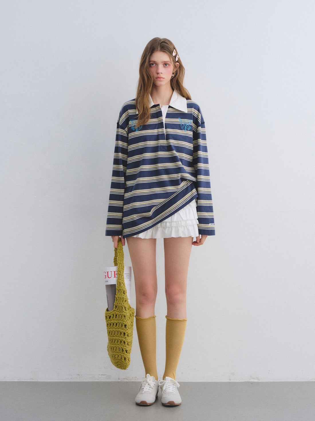 AsGony ASG25646 Collar patchwork striped embroidered long sleeved polo shirt