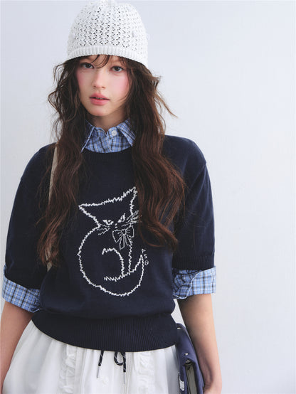 AsGony ASG26005 Round-neck jacquard cat print short-sleeved knit pullover
