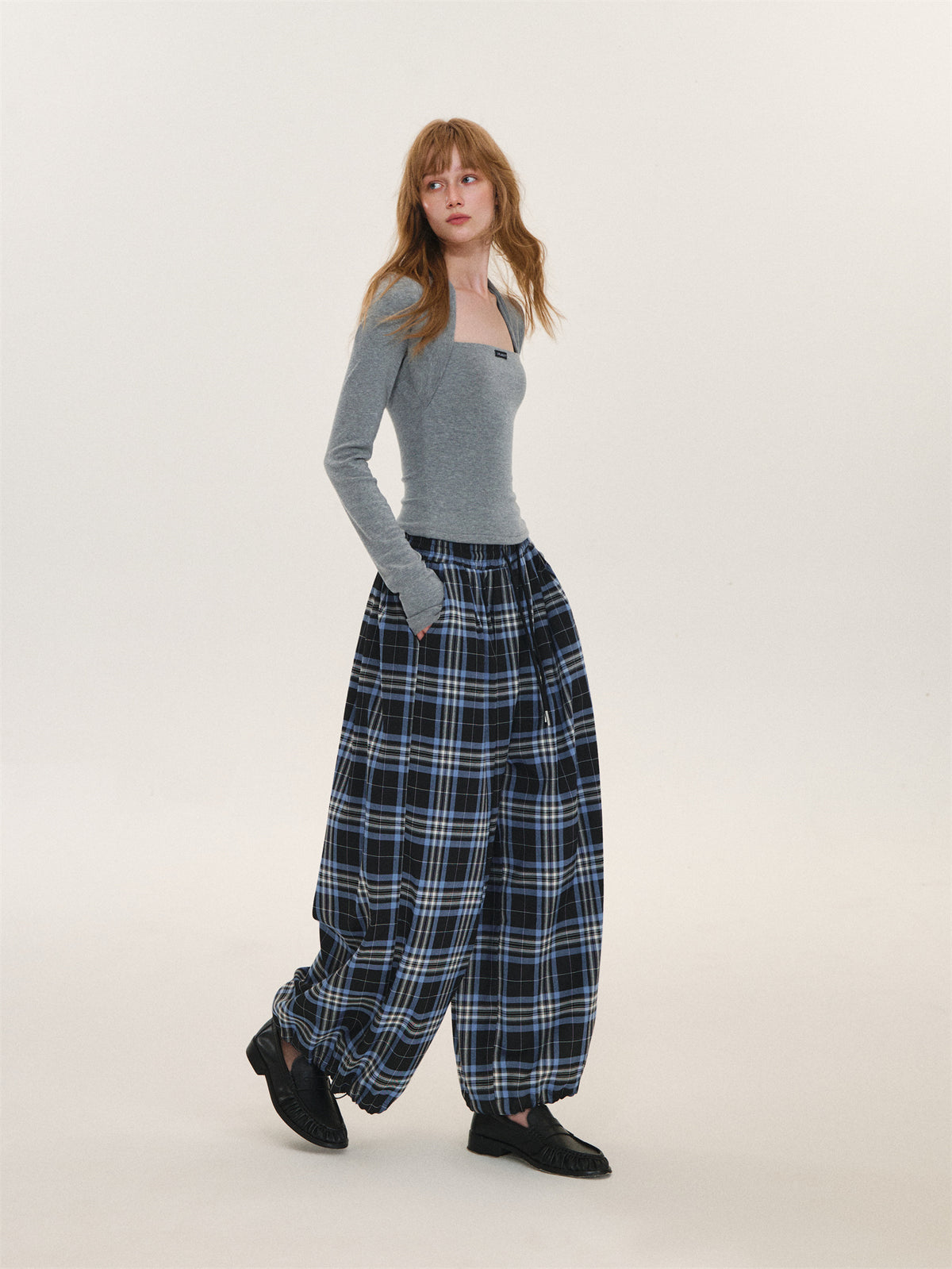 Asgony ASG26609 Plaid Wide-Leg Pants