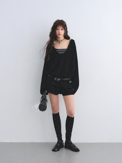 AsGony ASG26030&amp;ASG26031 Wool striped suspender hooded knitted two-piece set