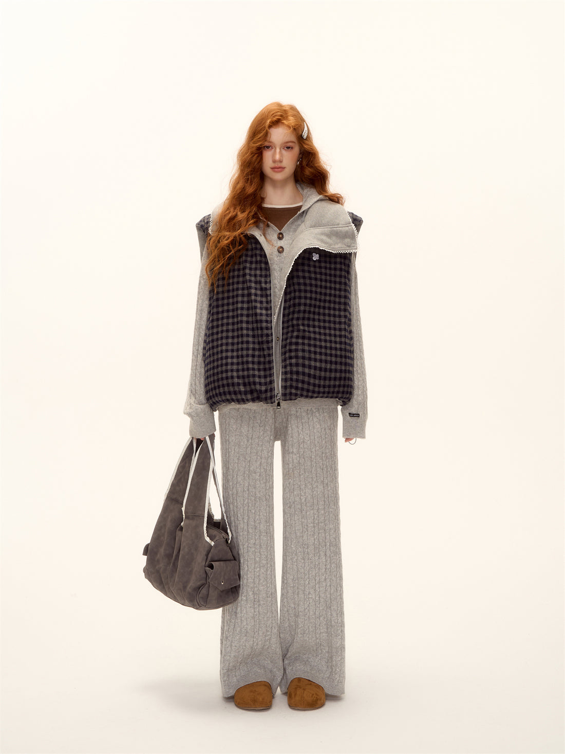 AsGony ASG25503 Double sided plaid lace patchwork vest