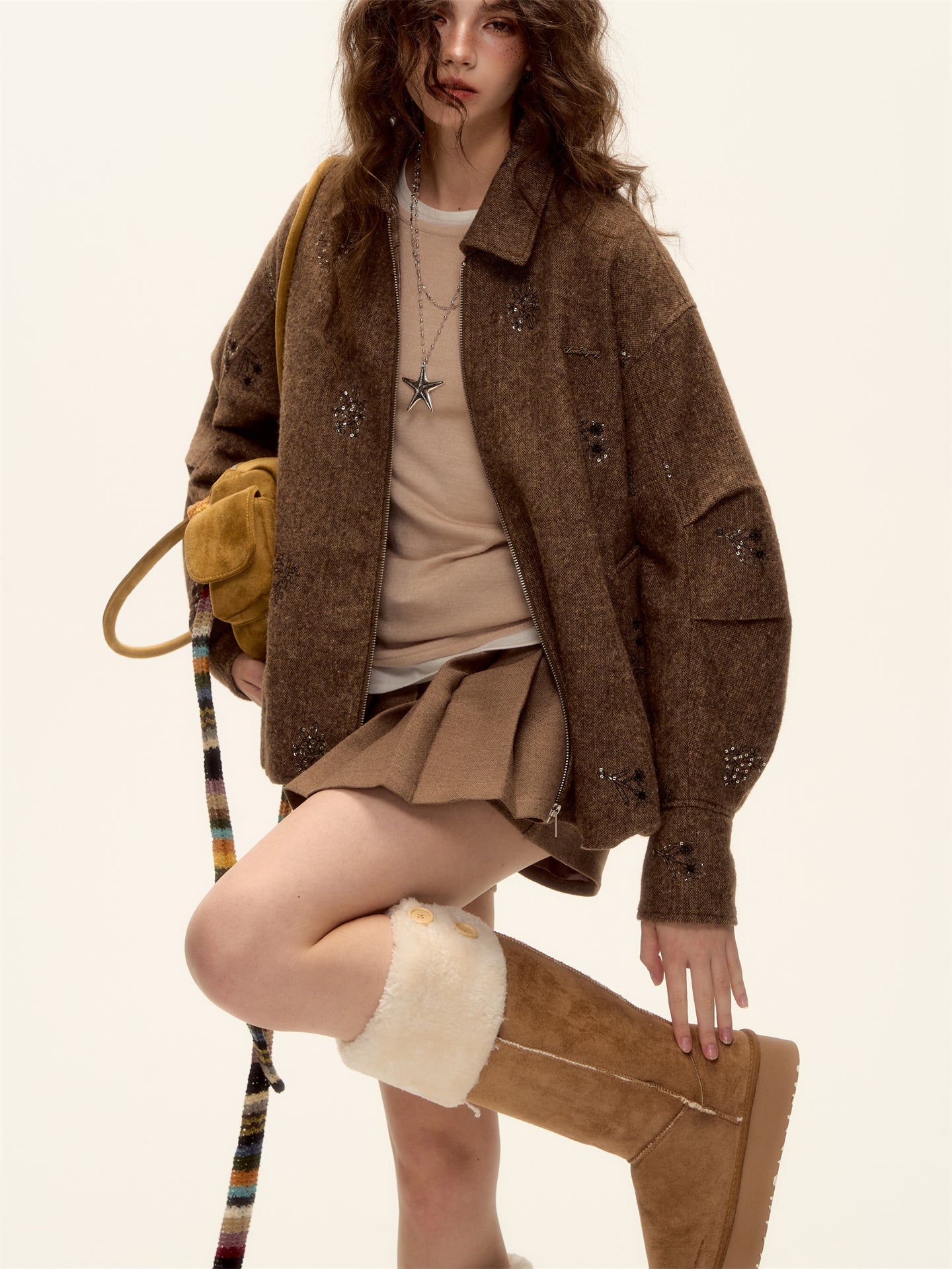 AsGony ASG25497 Bead embroidery plaid splicing flower bud wool jacket