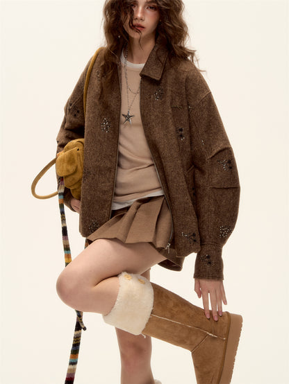 AsGony ASG25497 Bead embroidery plaid splicing flower bud wool jacket