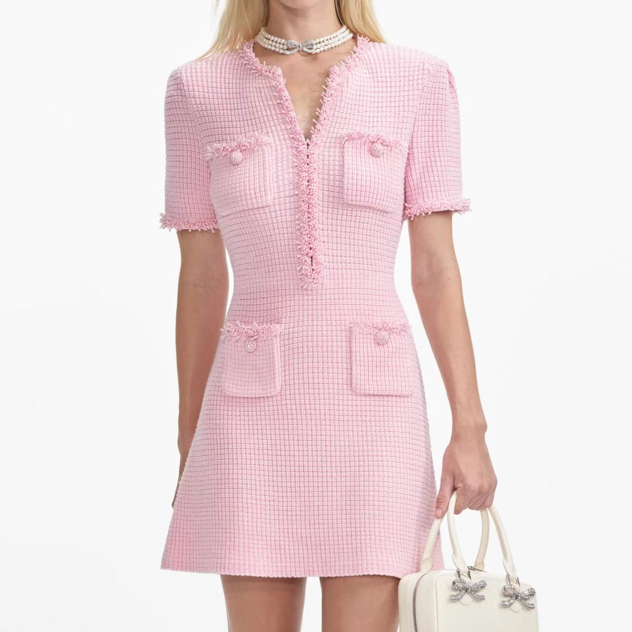 Self-Portrait PINK TEXTURED KNIT MINI DRESS