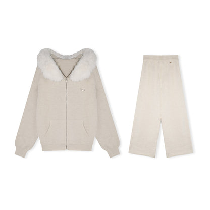 16DEWS 16D25555&amp;16D25556 Cleanfit detachable fur collar hooded knitted cardigan + pants set