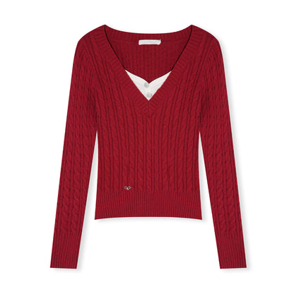 16DEWS 16D25514 Contrast V-neck fake two pieces knitting knitwear