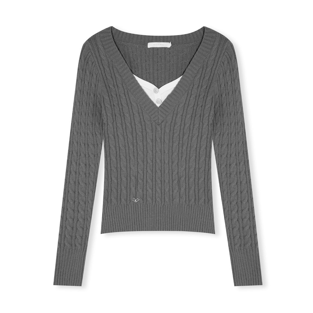 16DEWS 16D25514 Contrast V-neck fake two pieces knitting knitwear