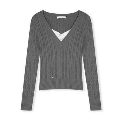 16DEWS 16D25514 Contrast V-neck fake two pieces knitting knitwear