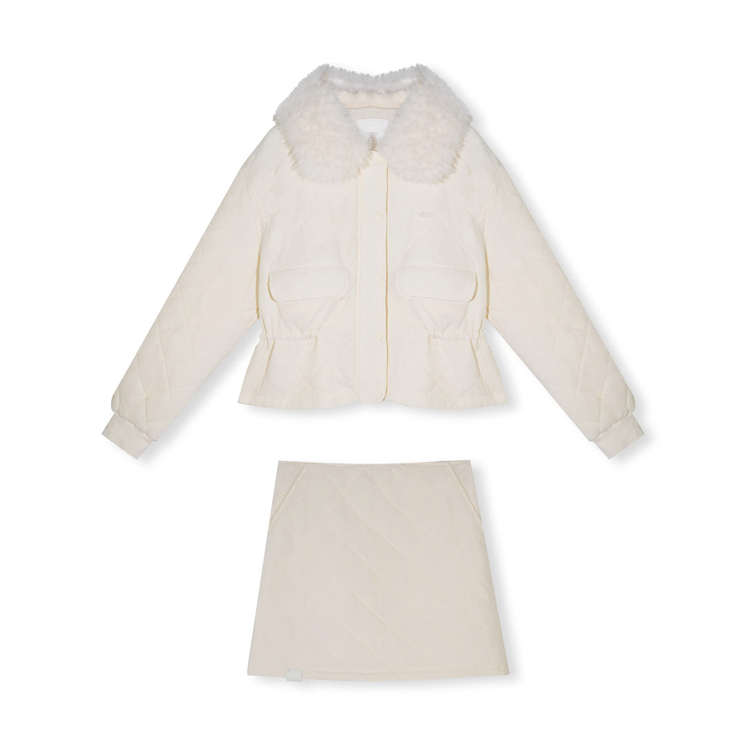 16DEWS 16D25535 Plaid waist cinching fur collar cotton jacket + skirt set