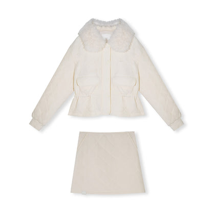 16DEWS 16D25535 Plaid waist cinching fur collar cotton jacket + skirt set
